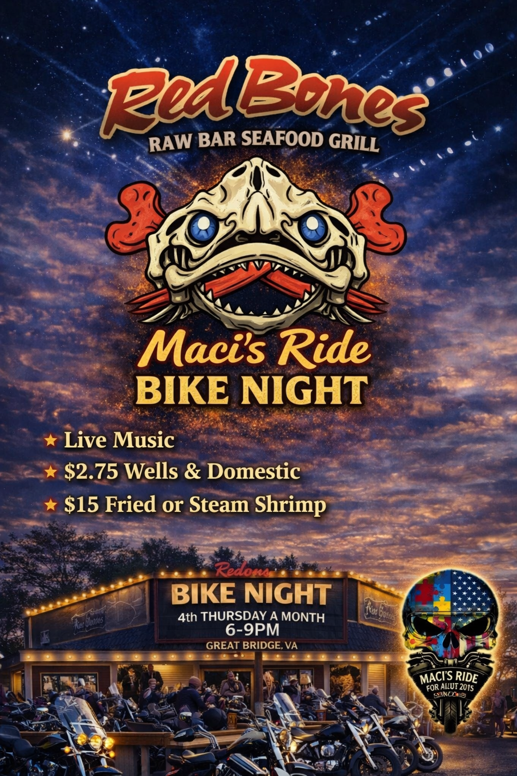 Maci's Ride Bike Night flyer — 4th Thursday of every month at Red Bones Raw Bar, Great Bridge VA