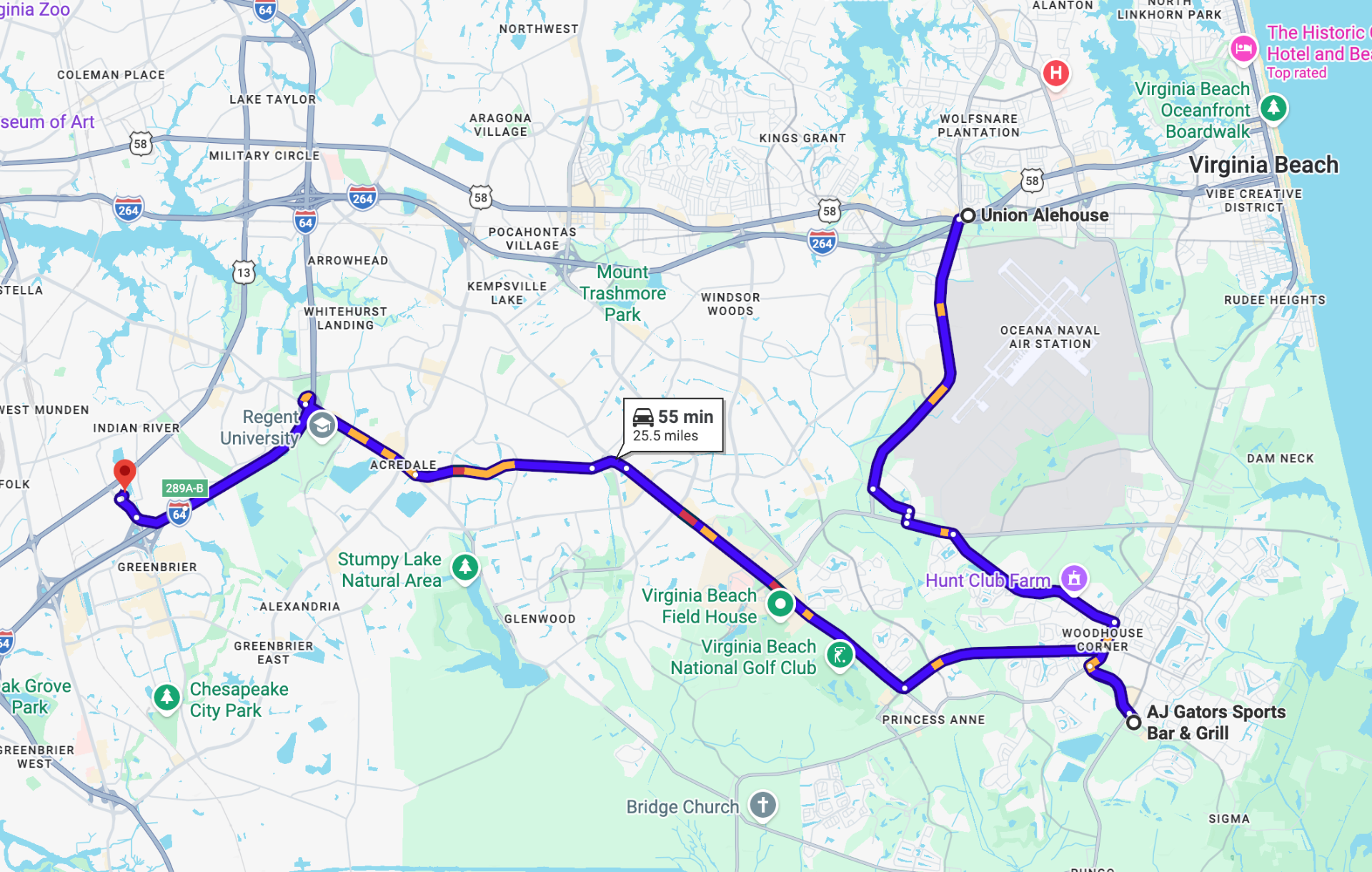 Google Maps route showing the ride path from Union Alehouse through AJ Gators to Eagles Nest, 25.5 miles
